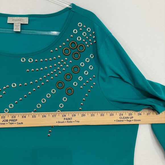 Dressbarn size 3X Blue Teal Embellished Artsy Stretch Knit 3/4 Sleeve Blouse - Picture 5 of 8